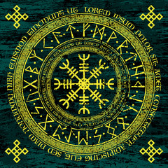 Old scandinavian runic grunge yellow circle symbol isolated on dark background