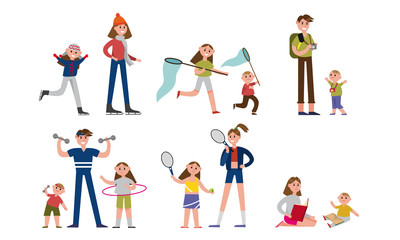 Fototapeta premium Happy Family Doing Sports And Other Fun Things Together At Home And Outdoors Vector Illustration Set Isolated On White Background