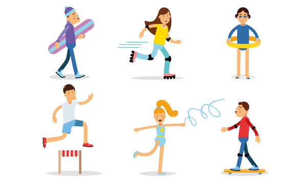 Various Kinds Of Outdoor And Indoor Sports By Athletic Characters Vector Illustration Set Isolated On White Background
