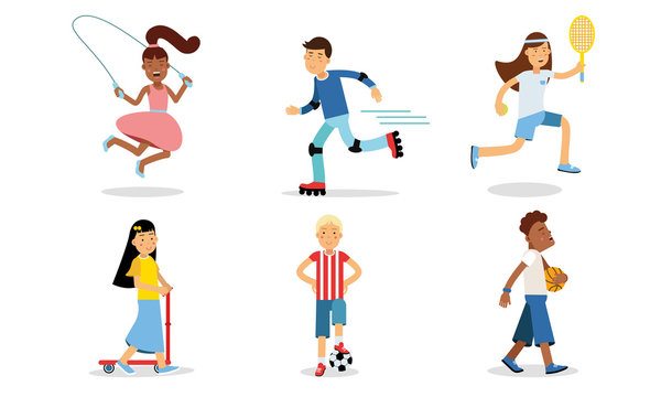 Different Kinds Of Outdoor Sports Pictured By Athletic Characters Vector Illustration Set Isolated On White Background