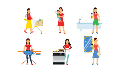 Women Characters In Daily Routine Housework Vector Illustration Set Isolated On White Background