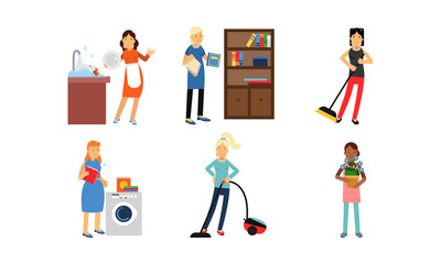 Actions Of Superwomen Characters Cleaning Home Vector Illustration Set Isolated On White Background