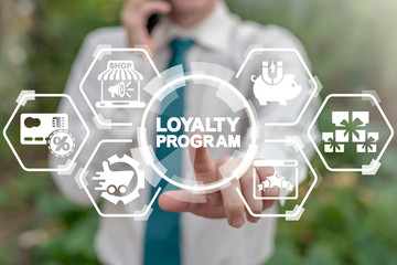 Loyalty Program Shopping Earn Points Return Money concept. Businessman touches loyalty program word's button on virtual screen.