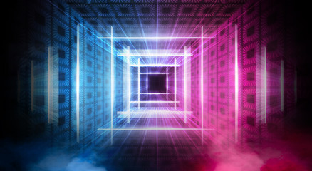 Abstract futuristic neon tunnel Dark room fluorescent bright purple and pink neon glow Virtual background space corridor shape tunnel