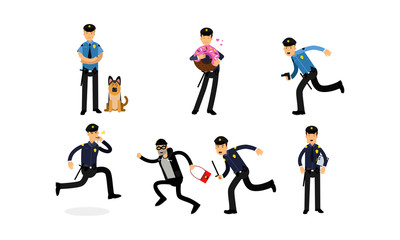 Plakat Variuos Daily Actions Of The Police Department And The Dog Service Vector Illustration Set