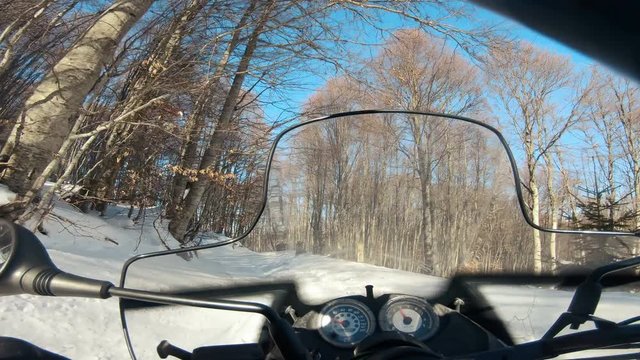 POV snowmobiling in forest