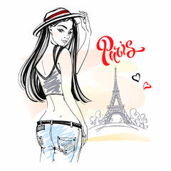 Stylish girl in a hat walking around Paris. Vector