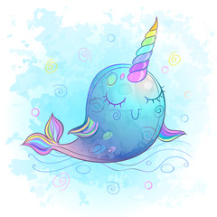 Cute fabulous unicorn whale. Watercolor Vector © Olga