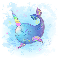 Cute fabulous unicorn whale. Watercolor Vector © Olga