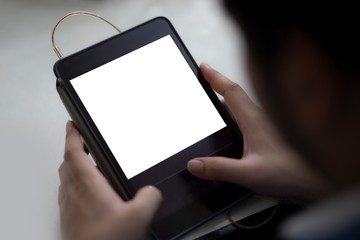 The man pressing the tablet on a white background. A man using a smartphone with a white screen.