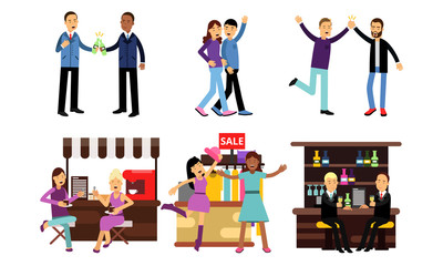 Boys And Girls Meeting In Different Places And Spending Time Together Vector Illustration Set Isolated On White Background