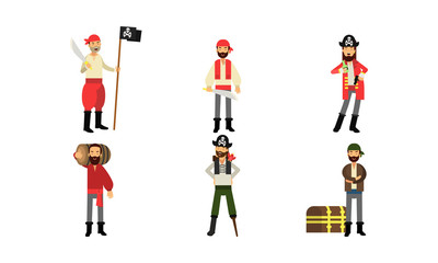 Fototapeta premium Cartoon Bearded Pirate Characters In Different Actions And Poses Vector Illustration Set Isolated On White Background