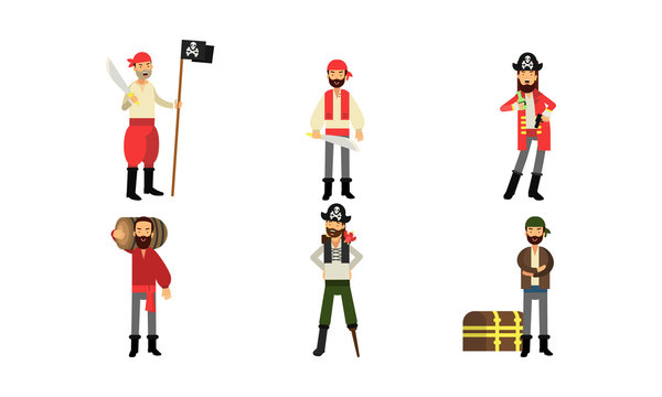 Cartoon Bearded Pirate Characters In Different Actions And Poses Vector Illustration Set Isolated On White Background