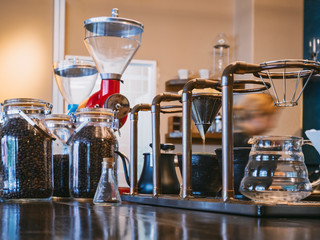 Fototapeta na wymiar Drip Coffee equipment on counter Cafe Coffee shop Hipster barista