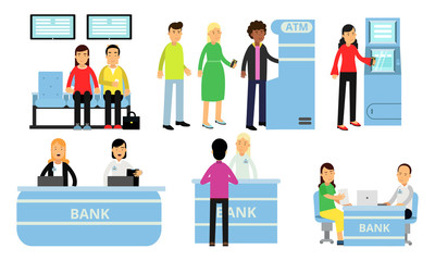 Different people in a blue financial bank. Vector illustration.