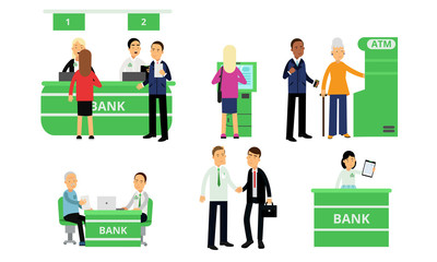 Different people in a green financial bank. Vector illustration.
