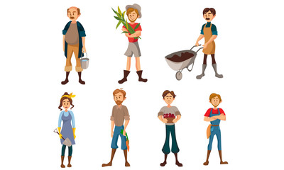 Male and female farmers with a crop. Vector illustration.