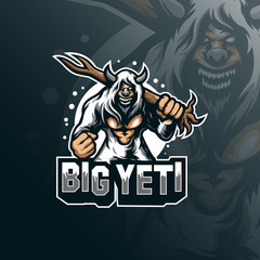 yeti mascot logo design vector with modern illustration concept style for badge, emblem and tshirt printing. angry yeti illustration with tree in hand. - obrazy, fototapety, plakaty
