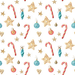Christmas Watercolor seamless pattern with candies, cukies, stars, decorations. Watercolor isolated winter illustration - stock new year.