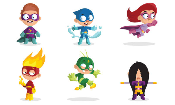 Children in different costumes of superheroes. Vector illustration.