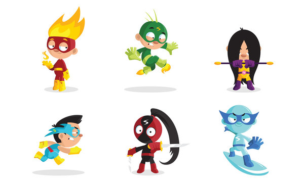 Cartoon kids superheroes in costumes. Vector illustration.