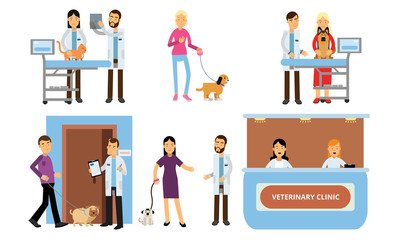 People with pets at the veterinary clinic. Vector illustration.
