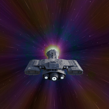Science fiction illustration of an interplanetary spaceship travelling faster than the speed of light in hyperspace, 3d digitally rendered illustration