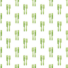 Seamless pattern with fork and knife. Hand painted watercolor illustration isolated on white. Green template is perfect for wallpaper, fabric textile, kitchen interior, social media design