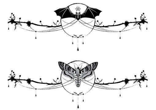 set of dividers with bat, butterfly death head and mushrooms in black and white colors