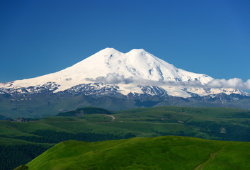 Great nature mountain landscapes. Fantastic perspective of caucasian snow inactive volcano Elbrus...