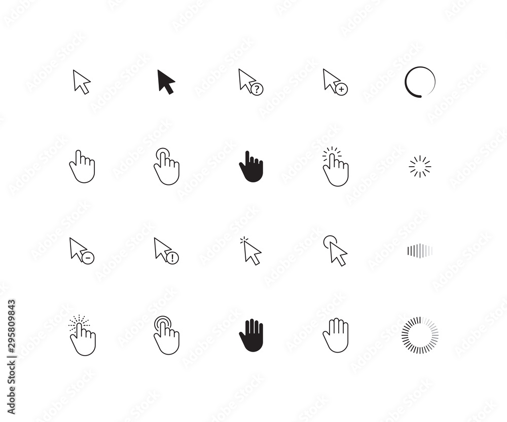 Poster Interface cursor. Choosing here point ui touch click arrows and hand screen pointing vector icons. Press pointer touch, click cursor interface illustration
