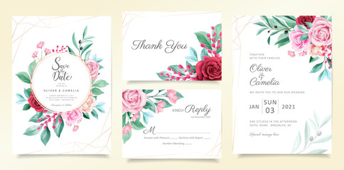 Fototapeta na wymiar Modern wedding invitation card template set with watercolor flowers and geometric line decoration. Elegant botanic illustration for greeting, save the date, rsvp, thank you card vector