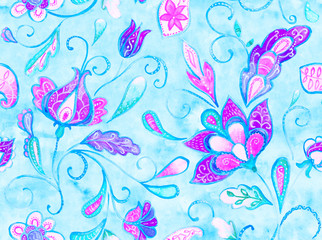 Fototapeta na wymiar Hand drawn watercolor floral flower seamless pattern tiling. Colorful seamless pattern with blue rose abstract whimsical tulips, paisley, buta, orchid, lotus, lily and leaves on turquoise background.