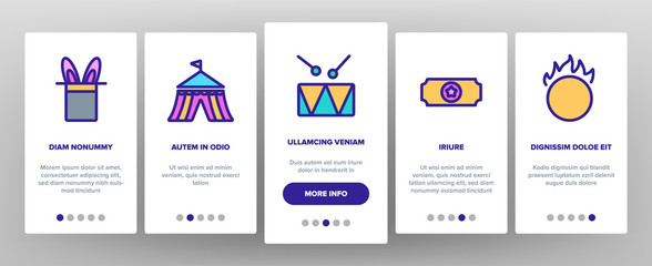 Fototapeta premium Circus Show Onboarding Mobile App Page Screen Vector Icons Set Thin Line. Character Clown And Circus Equipments, Attraction And Elephant Concept Linear Pictograms. Contour Illustrations
