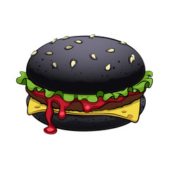 Burger with black bun vector illsutration. Trendy fast food.