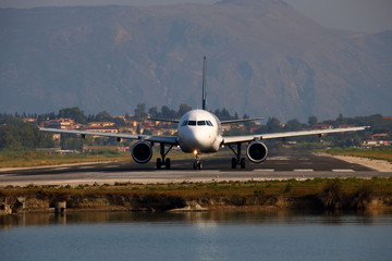 Fototapeta na wymiar plane ready for take-off at kerkyra airport, corfu, greece