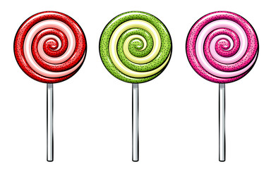 Lollipop spiral candies set in cartoon style on white background.
