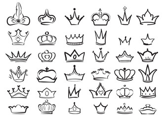 Crown doodles. Imperial king diadem regal symbols majestic sketch vector set. Illustration drawing crown king or queen, majestic monarch symbol