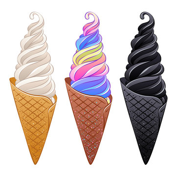 Vector ice cream cones in cartoon style.