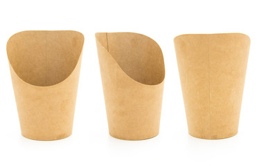 Set of kraft paper semicircular cylindrical shaped food containers isolated under the white background