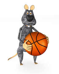 rat with basketball ball on white background. Isolated 3d illustration