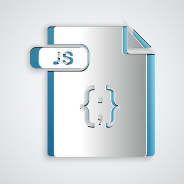 Paper cut JS file document. Download js button icon isolated on grey background. JS file symbol. Paper art style. Vector Illustration