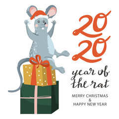 Greeting card for New Year with cute mouse, gifts and lettering. Rat seat on mountain of presents. Rat is Chinese symbol 2020 year. Merry Christmas card. Vector illustration.