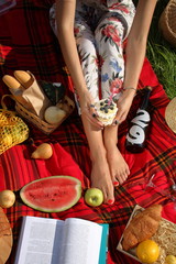 Birthday picnic with a red blanket