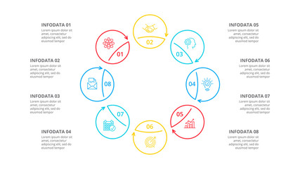 Cyclic lines infographic. Modern infographic design template with 8 options, steps or parts. Flat vector illustration for business presentation.