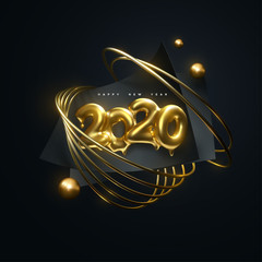 Happy New 2020 Year. Vector holiday illustration. Golden melted numbers 2020. Black paper sheets and golden ring shapes. Festive event banner. Poster or cover design