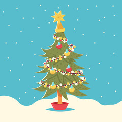 Decorated Christmas tree in a pot on a snow background. Vector cartoon illustration.