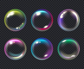 Soap bubbles. Liquid macro water bubble vector collection. Bubble soap, air transparent multicolored sphere illustration
