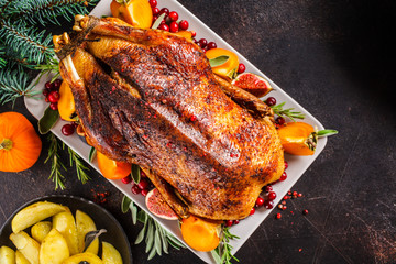 Christmas baked duck with herbs and fruits on gray plate, dark background.