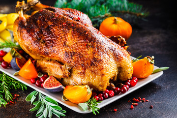 Christmas baked duck with herbs and fruits on gray plate, dark background.
